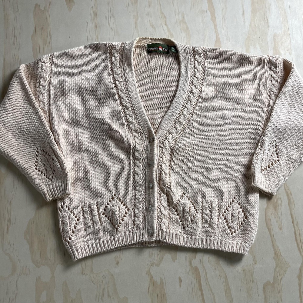 Vintage‎ 80s Outback Red Sweater Size Medium White Knit Hong Kong Cardigan